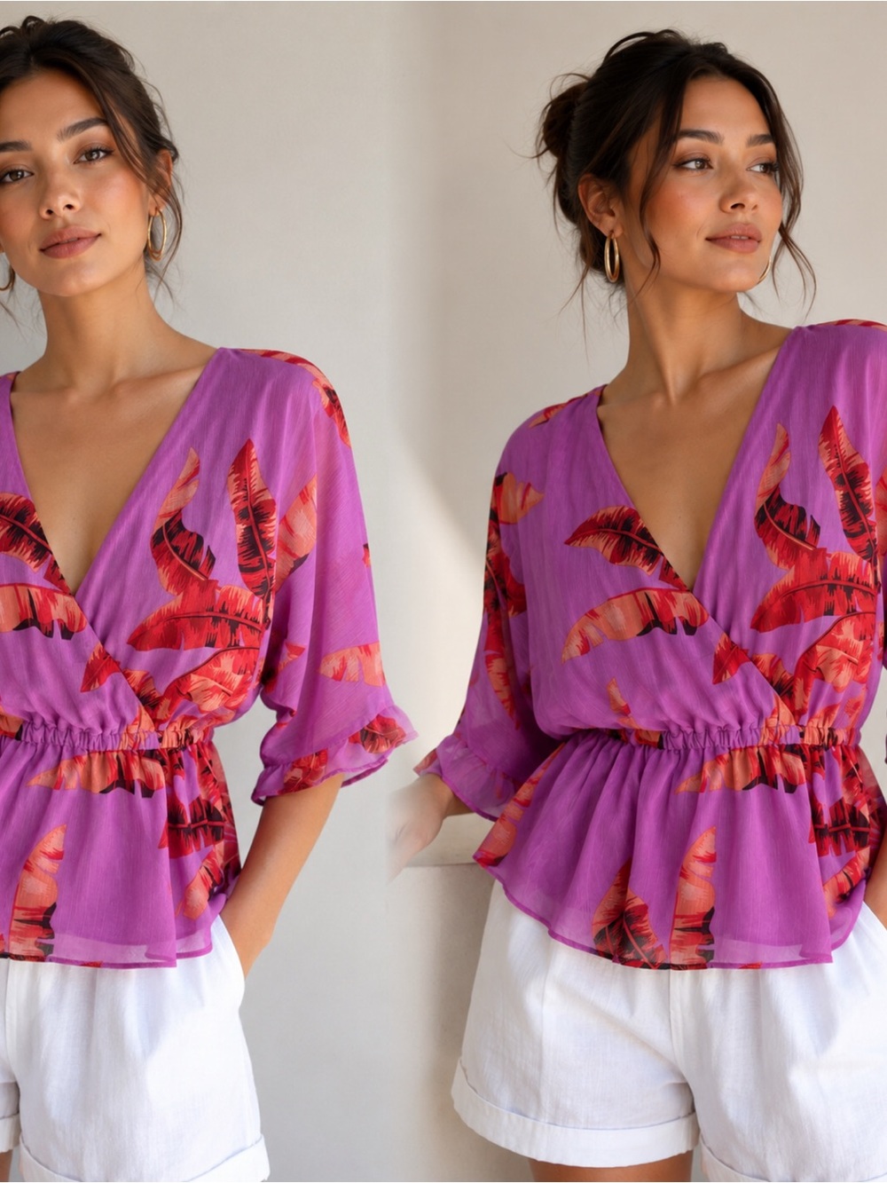 sofia by sofia vergara Purple Tropical Wrap Peplum Blouse